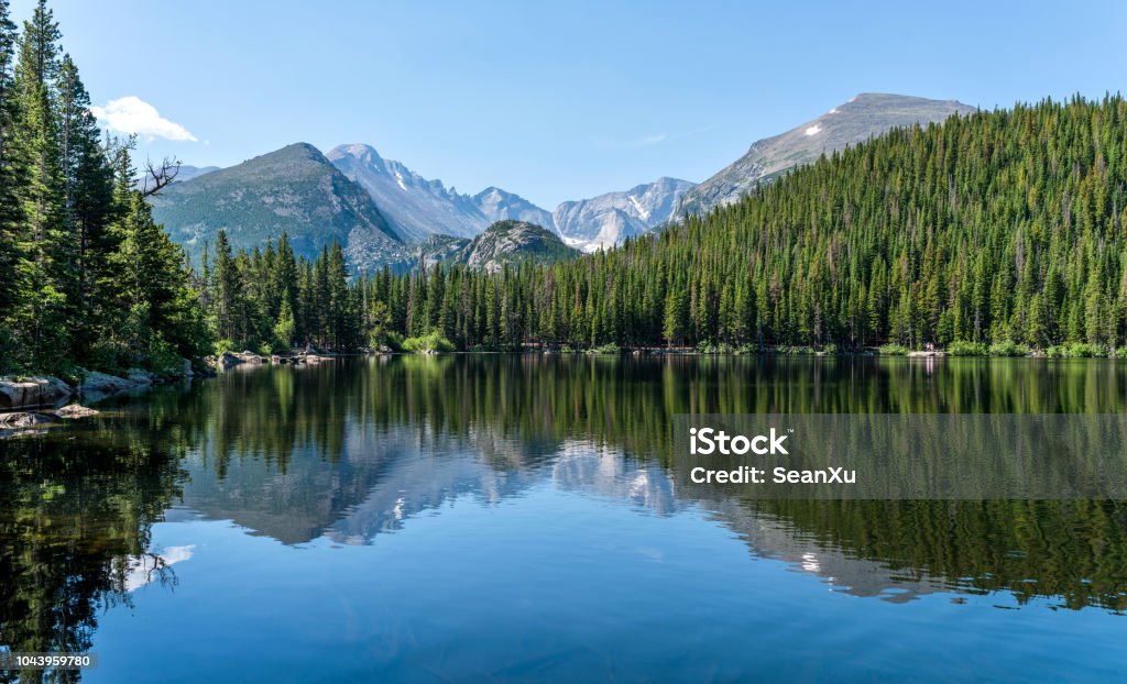 Longs Peak at Bear Lake - Longs Peak and Glacier Gorge reflecting in blue Bear Lake on a calm Summer morning, Rocky Mountain National Park, Colorado, USA. Longs Peak and Glacier Gorge reflecting in blue Bear Lake on a calm Summer morning, Rocky Mountain National Park, Colorado, USA. Mountain Stock Photo