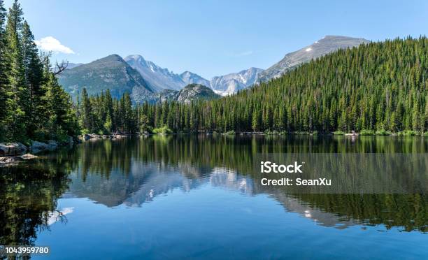 Longs Peak At Bear Lake Longs Peak And Glacier Gorge Reflecting In Blue Bear Lake On A Calm Summer Morning Rocky Mountain National Park Colorado Usa Stock Photo - Download Image Now