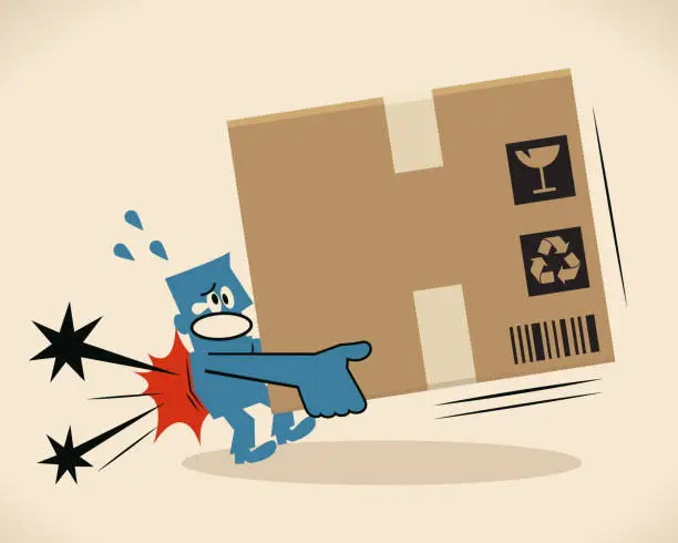 Vector illustration of Blue man carrying a big cardboard box with a backache