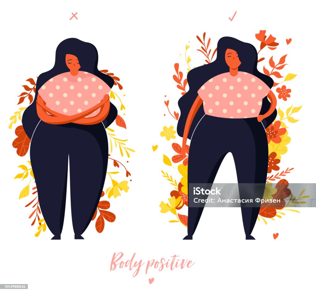Comparison. Girl hesitates. Confident girl. Body positive illustration with plants Comparison. Girl hesitates. Confident girl. Body positive illustration with plants in trendy flat style. The Human Body stock vector