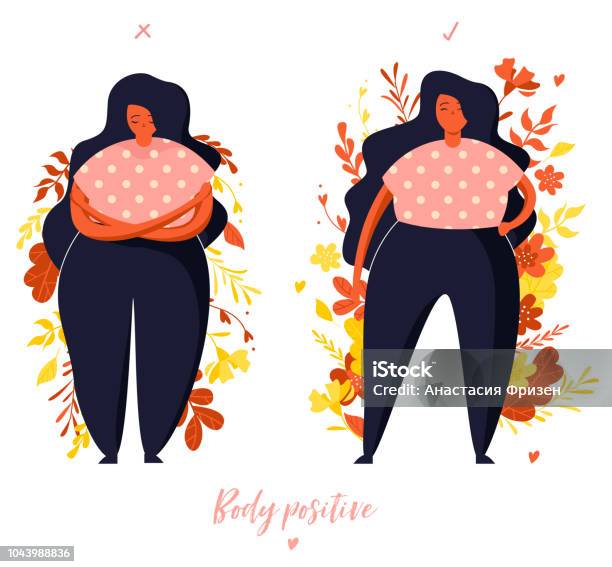 Comparison Girl Hesitates Confident Girl Body Positive Illustration With Plants Stock Illustration - Download Image Now