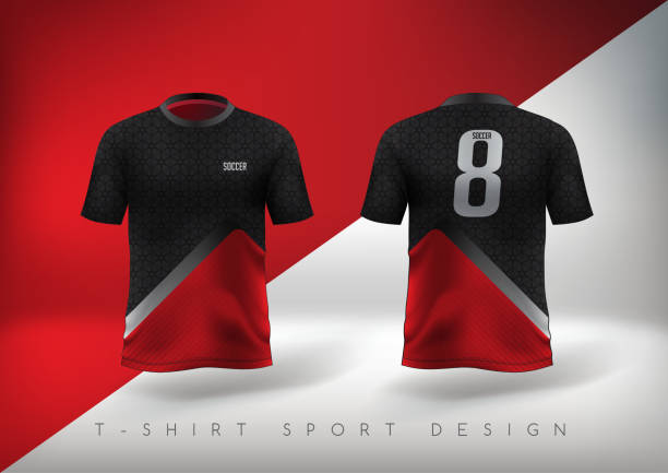 T-shirt 15 Soccer sport t-shirt design slim-fitting red and black with round neck. Vector illustration. rugby jersey stock illustrations