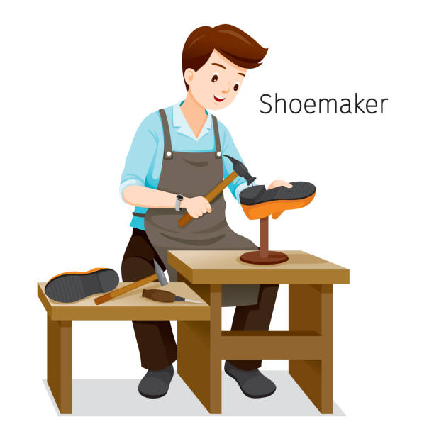 슈메이커 신발 발뒤꿈치에 못을 망치로 그 남자 신발, 수리 - shoe repairer illustrations stock illustrations