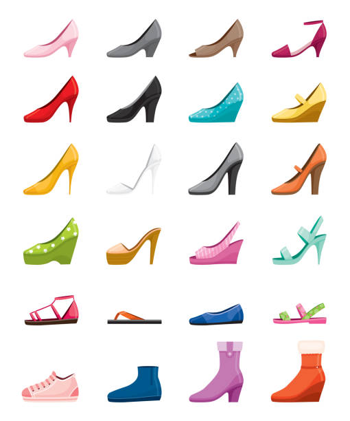 여자의 신발, 측면의 다양 한 종류의 세트 - ankle strap shoe stock illustrations