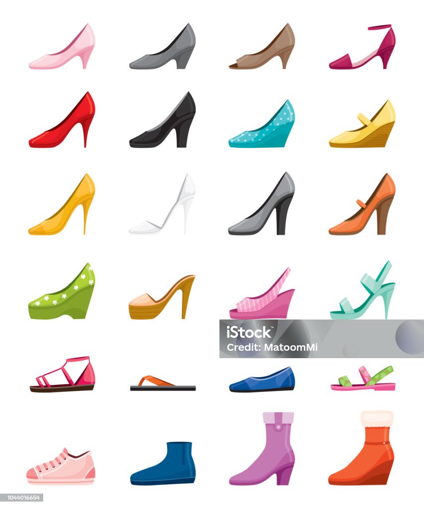 Set Of Different Types Of Womens Shoes Side View Stock Illustration -  Download Image Now - Flip-Flop, Side View, Pump - Dress Shoe - iStock