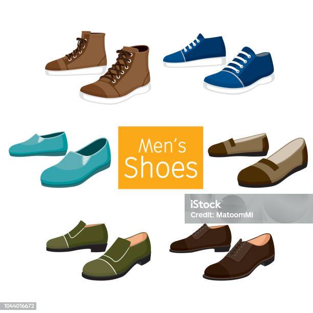 Collection Of Different Mens Shoes Pair Stock Illustration - Download Image Now - Shoe, Vector, Men