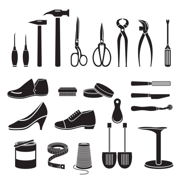 Set Of Shoes Repair Tool And Shoes Accessories, Monochrome Footwear, Fashion, Objects shoemaker stock illustrations