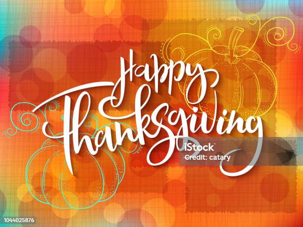 Vector Greeting Thanksgiving Banner With Hand Lettering Label Happy Thanksgiving With Doddle Pumpkin Stock Illustration - Download Image Now