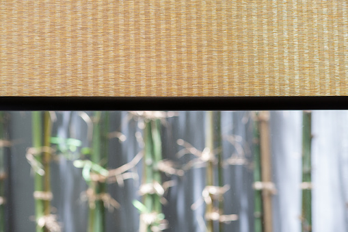 Bamboo curtain with outdoor tree background.