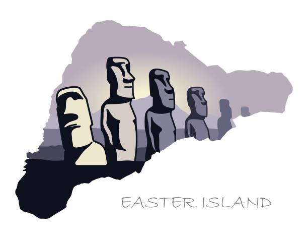 mapa wyspy wielkanocnej z wizerunkiem atrakcji. posągi wyspy wielkanocnej w krajobrazie - easter island moai statue chile sculpture stock illustrations