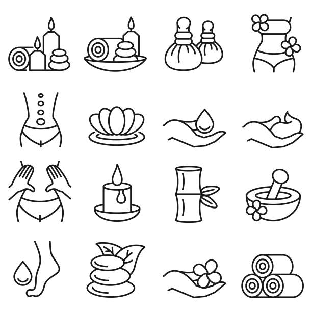 ilustraciones, imágenes clip art, dibujos animados e iconos de stock de conjunto de iconos de masaje spa - ayurveda herb alternative medicine herbal medicine