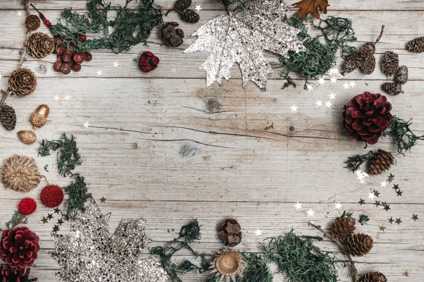 istock christmas and autumnal gray wood background with decoration 1044035310