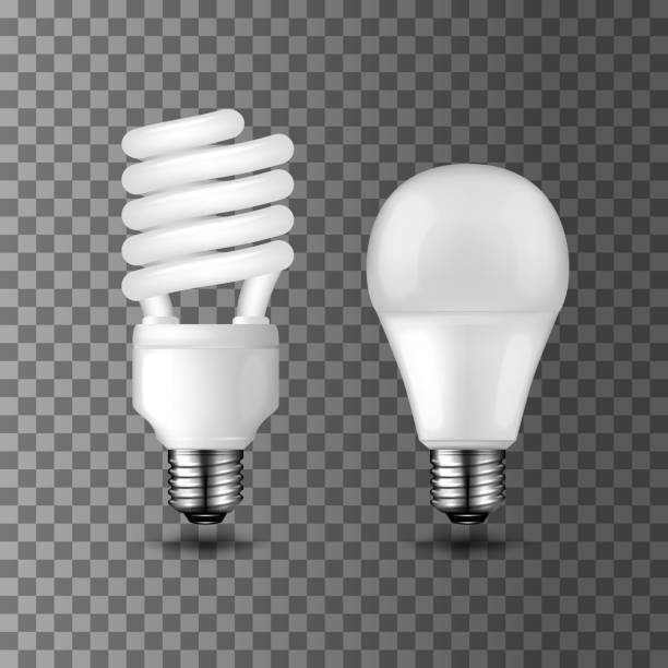 Power save and energy saving vector light bulbs Energy saving realistic vector light bulbs on transparent background. Compact fluorescent light bulb and light emitting diode LED. Energy saving and ecology themes design energy efficient lightbulb stock illustrations