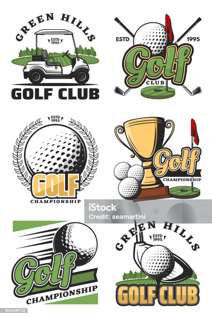 Golf game and sport club icons Golf sport championship vintage icons and symbols. Golf ball, club and tee, flag, green field and hole, cart and champion trophy cup objects. Vector color sport icons Golf stock vector