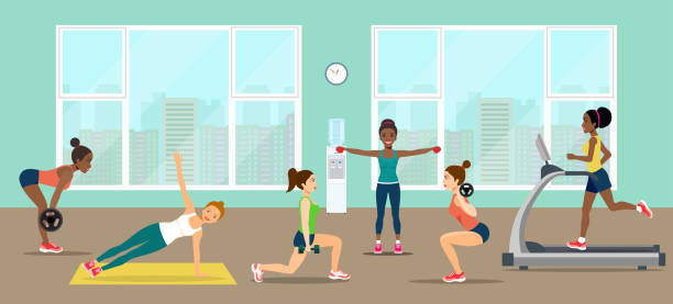 Print Girls pick up a dumbbell and do cardio in the gym. Empty gym with exercise equipment.  Vector flat style illustration sportsman professional sport side view horizontal stock illustrations
