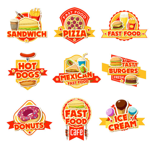 illustrazioni stock, clip art, cartoni animati e icone di tendenza di etichette fast food di hamburger, bevande e dessert - coffee donut old fashioned snack