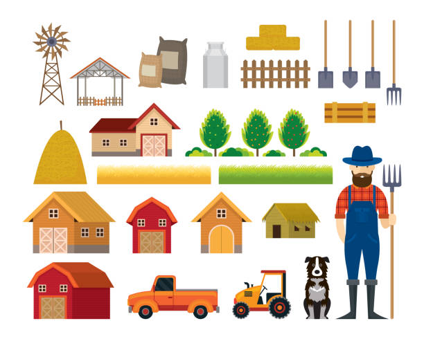 ilustraciones, imágenes clip art, dibujos animados e iconos de stock de objetos de granja, granjero con juego plano perro - casa rural