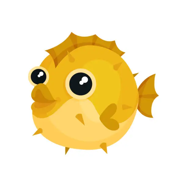 Vector illustration of Adorable yellow blowfish with big shiny eyes. Exotic sea animal. Underwater life theme. Flat vector for children t-shirt print