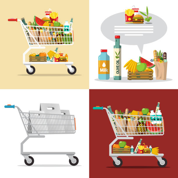 stockillustraties, clipart, cartoons en iconen met items in winkelwagen - boodschappenkar supermarkt