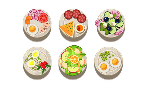 ilustraciones, imágenes clip art, dibujos animados e iconos de stock de conjunto de vector plano de platos sabrosos. alimentos para desayuno y cena. tema culinario. elementos de menú de cafetería o restaurante - salad breakfast cooked eggs