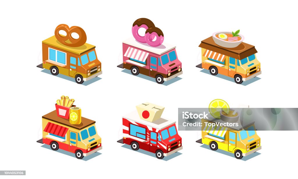 Platte vector set isometrische food trucks. Bestelauto's met krakeling, donut, soep, frietjes en frisdrank, Japans box en limonade op dak - Royalty-free Cateringbusje vectorkunst