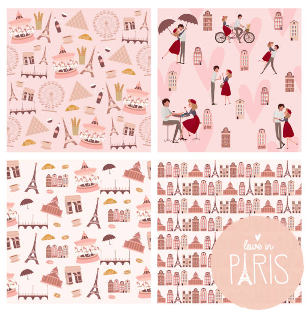 zestaw uroczych bezszwowych wzorów z paryskimi punktami orientacyjnymi, domami i parą kochanków - paris france monument pattern city stock illustrations