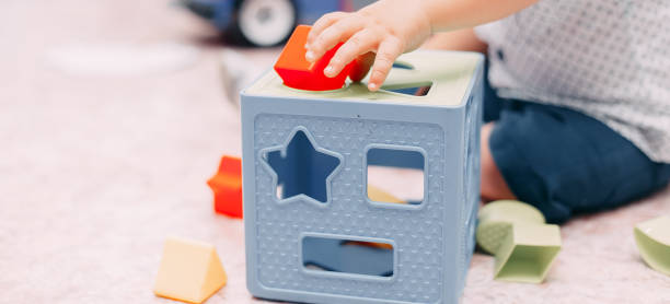 Toddler kid solves sorter puzzle block at home stock photo