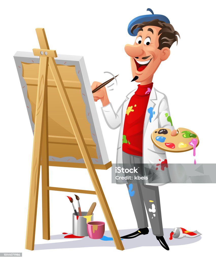 Cheerful Artist Painting A Picture Vector illustration of an cheerful painter with a mustache, wearing a red turtleneck and a artist beret, standing behind an easel with a brush and an artist's palette in his hands, painting a picture. Isolated on white. Concept for creativity, inspireation, art, artists and painters, art classes and hobbies. Painter - Artist stock vector