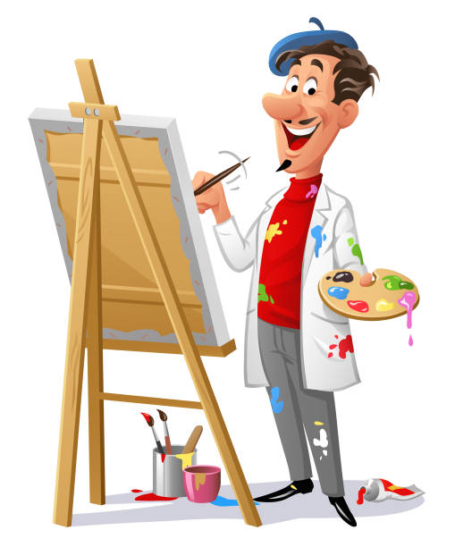 Cheerful Artist Painting A Picture Vector illustration of an cheerful painter with a mustache, wearing a red turtleneck and a artist beret, standing behind an easel with a brush and an artist's palette in his hands, painting a picture. Isolated on white. Concept for creativity, inspireation, art, artists and painters, art classes and hobbies. painter stock illustrations