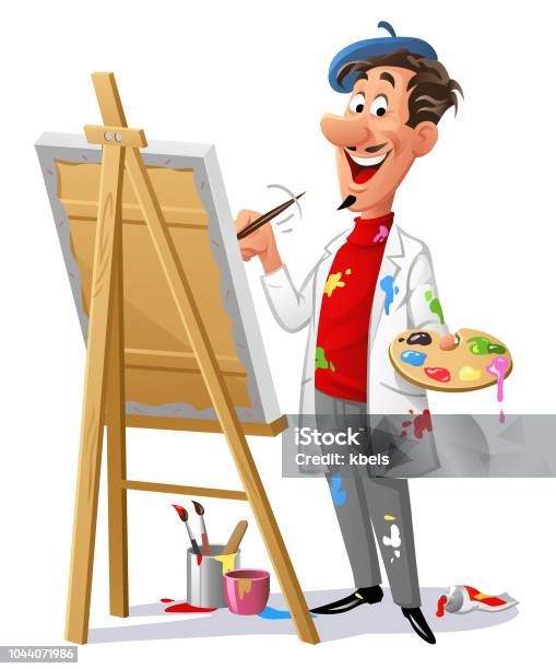 Cheerful Artist Painting A Picture Stock Illustration - Download Image Now - Painter - Artist, Cartoon, Artist
