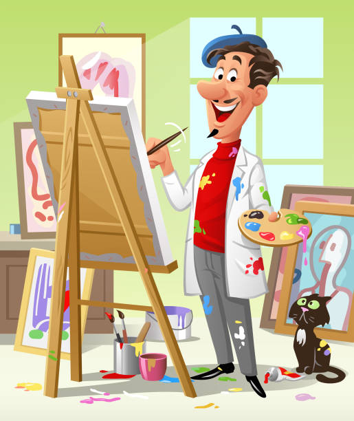 illustrazioni stock, clip art, cartoni animati e icone di tendenza di artista in studio che dipinge un quadro - art coat full length