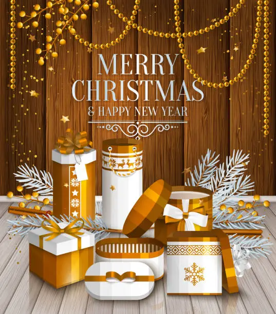 Vector illustration of Merry Christmas card. Pile of white and golden wrapped gift boxes, fir branches and yellow berries. Wishing on wooden background. Vector.