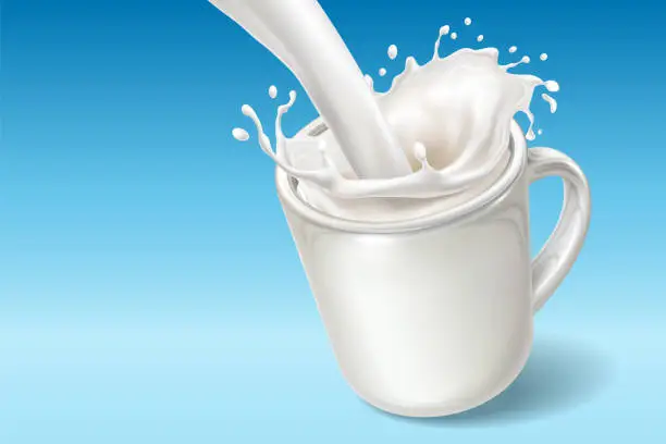 Vector illustration of Fresh milk falling in ceramic cup with spatters