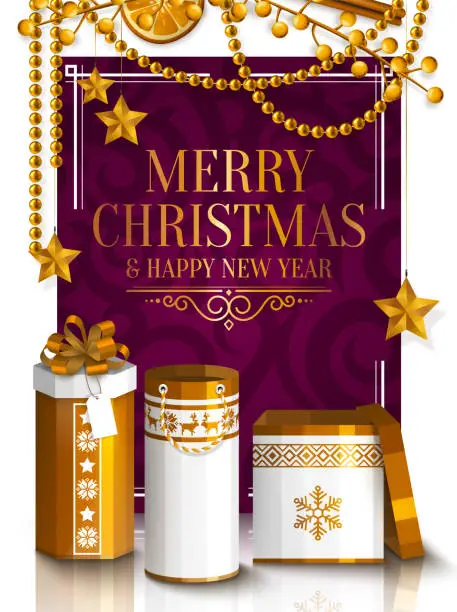 Vector illustration of Christmas card. White and golden wrapped gift boxes, stars, pearls, orange. Gold text Merry Christmas on ornamental paper. Vector.