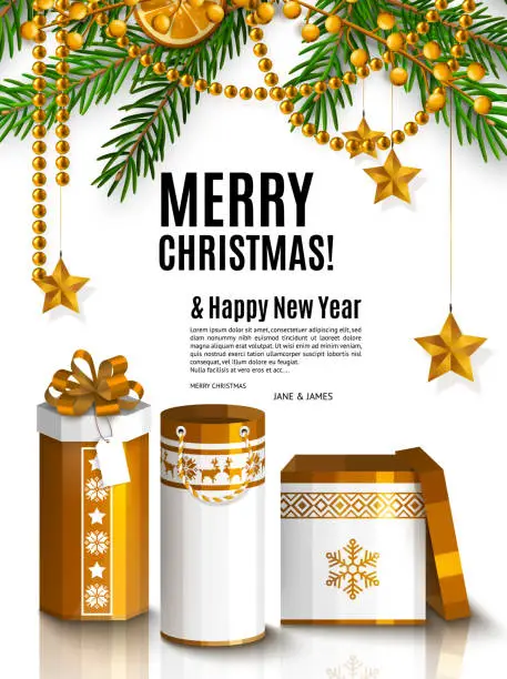 Vector illustration of Christmas card with golden wrapped gift boxes. Garland made from fir branches, cinnamon and orange.