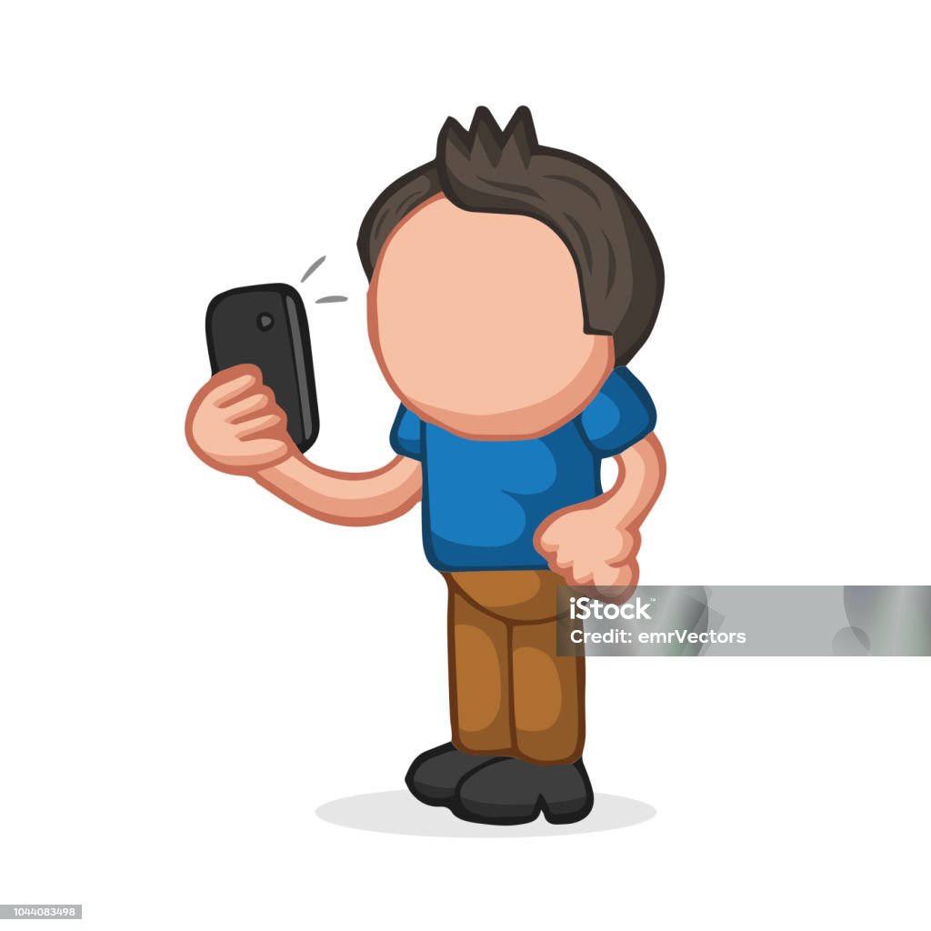 Vector hand-drawn cartoon of man standing holding smartphone and taking selfie Vector hand-drawn cartoon illustration of man standing holding smartphone and taking selfie. Adult stock vector