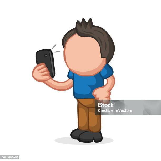 Vector Handdrawn Cartoon Of Man Standing Holding Smartphone And Taking Selfie Stock Illustration - Download Image Now