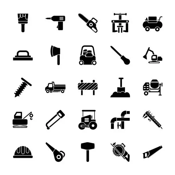 Vector illustration of Maintenance and Site Tools Glyph Icons Pack