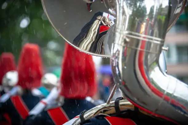Various details of a performing wind band during a performance or concert with brass and percussion instruments