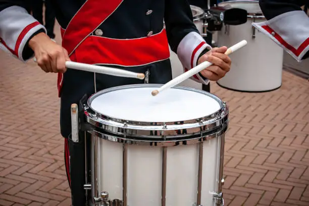 Various details of a performing wind band during a performance or concert with brass and percussion instruments