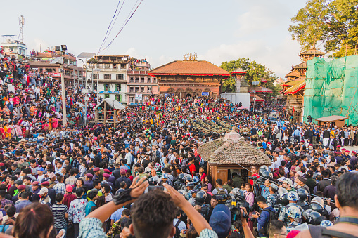 Kathmandu,Nepal - Sep 24,2018:Crowd of People at Indra Jatra Festival in Kathmandu. Indra Jatra is an important annual festival in Nepal, particularly in the capital city of Kathmandu. 