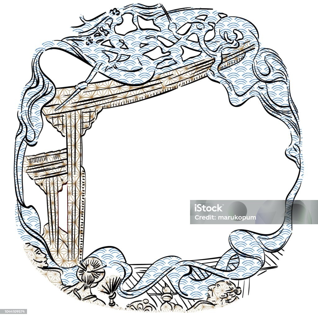 Japanese Gate Pattern Hand Drawn Gate Vector With Japanese Pattern Background Wave Elements ...