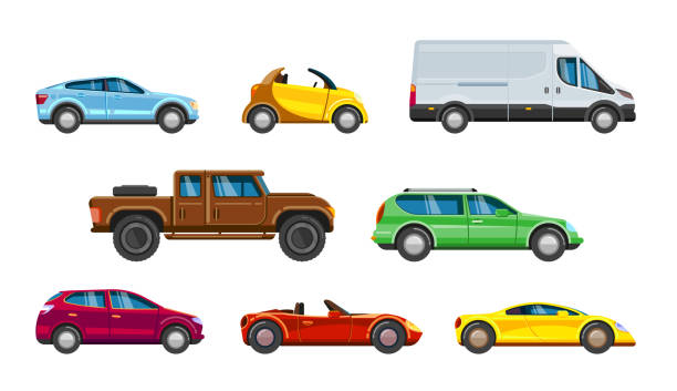 Vehicle collection. Urban transportation in city auto Vehicle collection. Urban transportation in city auto passenger car, SUV cabriolet hatchback sedan station wagon and minibus vector colored pictures in flat style car clipart stock illustrations