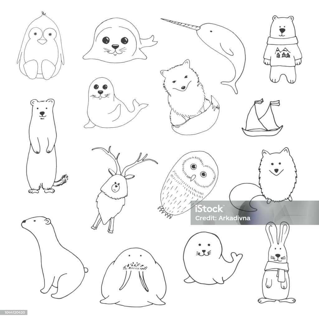 Sketch various northern animals. Large set. Vector illustration in doodle style. Coloring stock vector