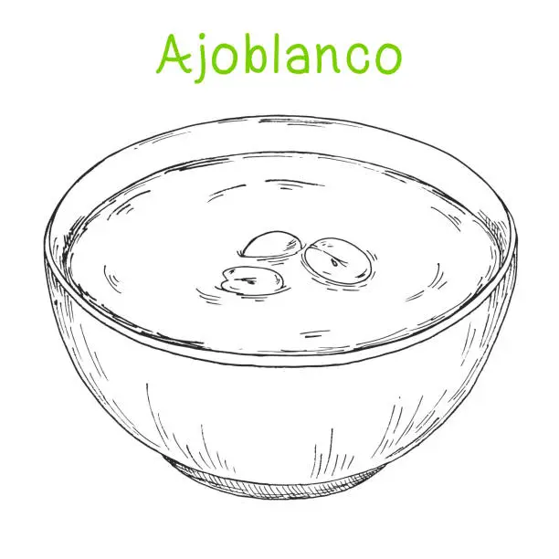 Vector illustration of Ajoblanco. Soup with grapes. Vector illustration of a sketch style.