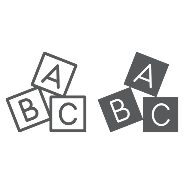 алфавит кубов линии и значок глифа, abc и игрушка, блок знак, векторная графика, линейный узор на белом фоне. - alphabetical order stock illustrations