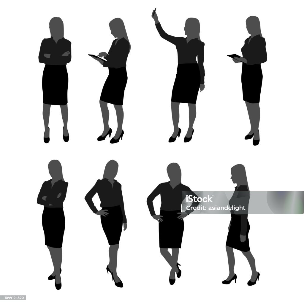 set vettoriale di stand businesswoman silhouette. donna d'affari con diverse azioni come l'utilizzo del telefono cellulare, posa, lavorare con il tablet - arte vettoriale royalty-free di Sagoma - Controluce