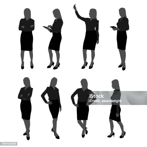 Vector Set Of Stand Businesswoman Silhouette Businesswoman With Different Action Such As Using Mobile Phone Posing Working With Tablet Stock Illustration - Download Image Now