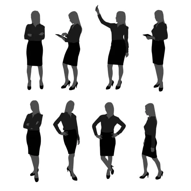 Vector illustration of vector set of stand businesswoman silhouette. businesswoman with different action such as using mobile phone , posing , working with tablet