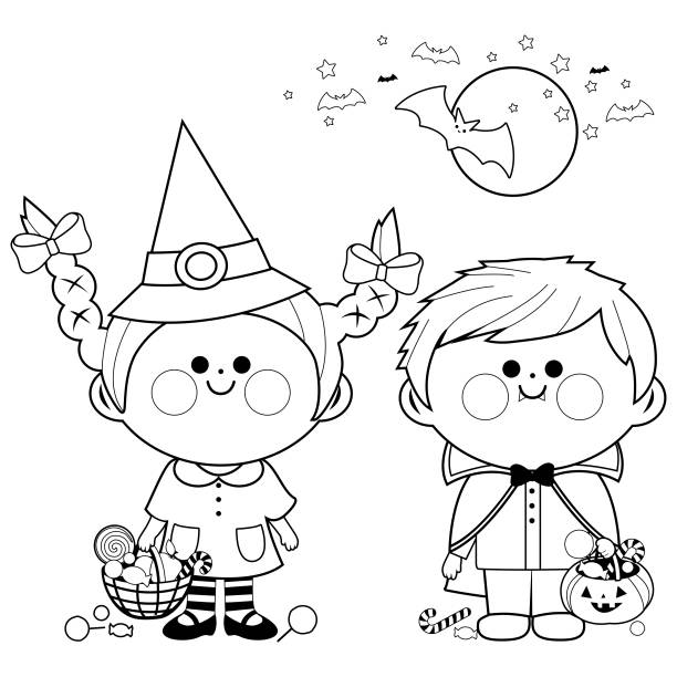 ilustrações de stock, clip art, desenhos animados e ícones de children dressed in halloween costumes hold buckets with candy. black and white coloring book page - halloween witch child pumpkin